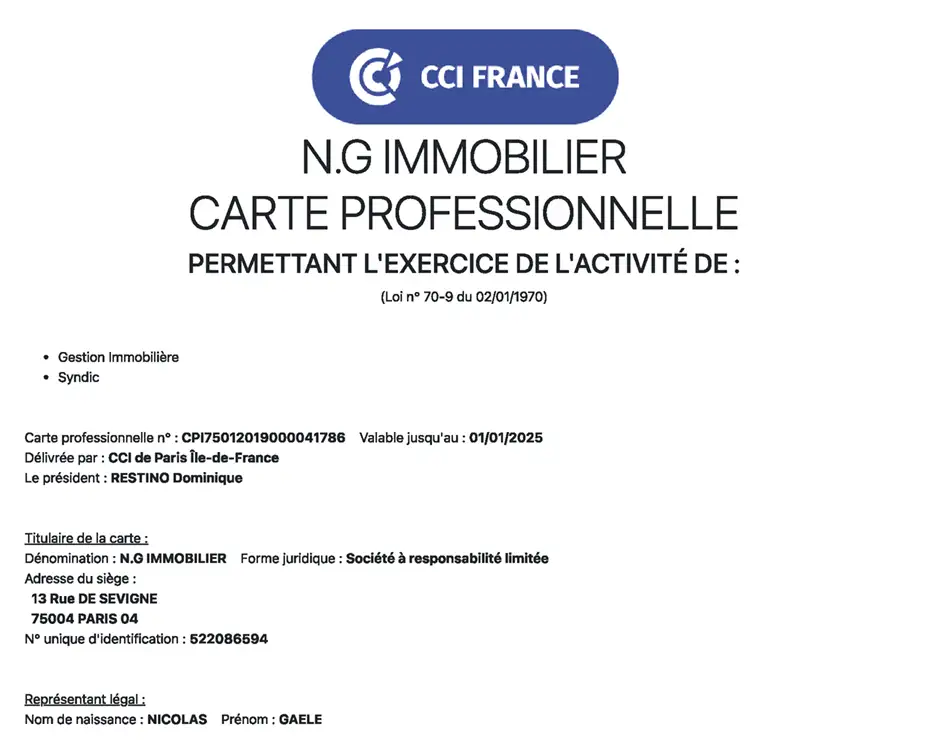 Carte professionnelle N.G Immobilier gestion immobilière et syndic